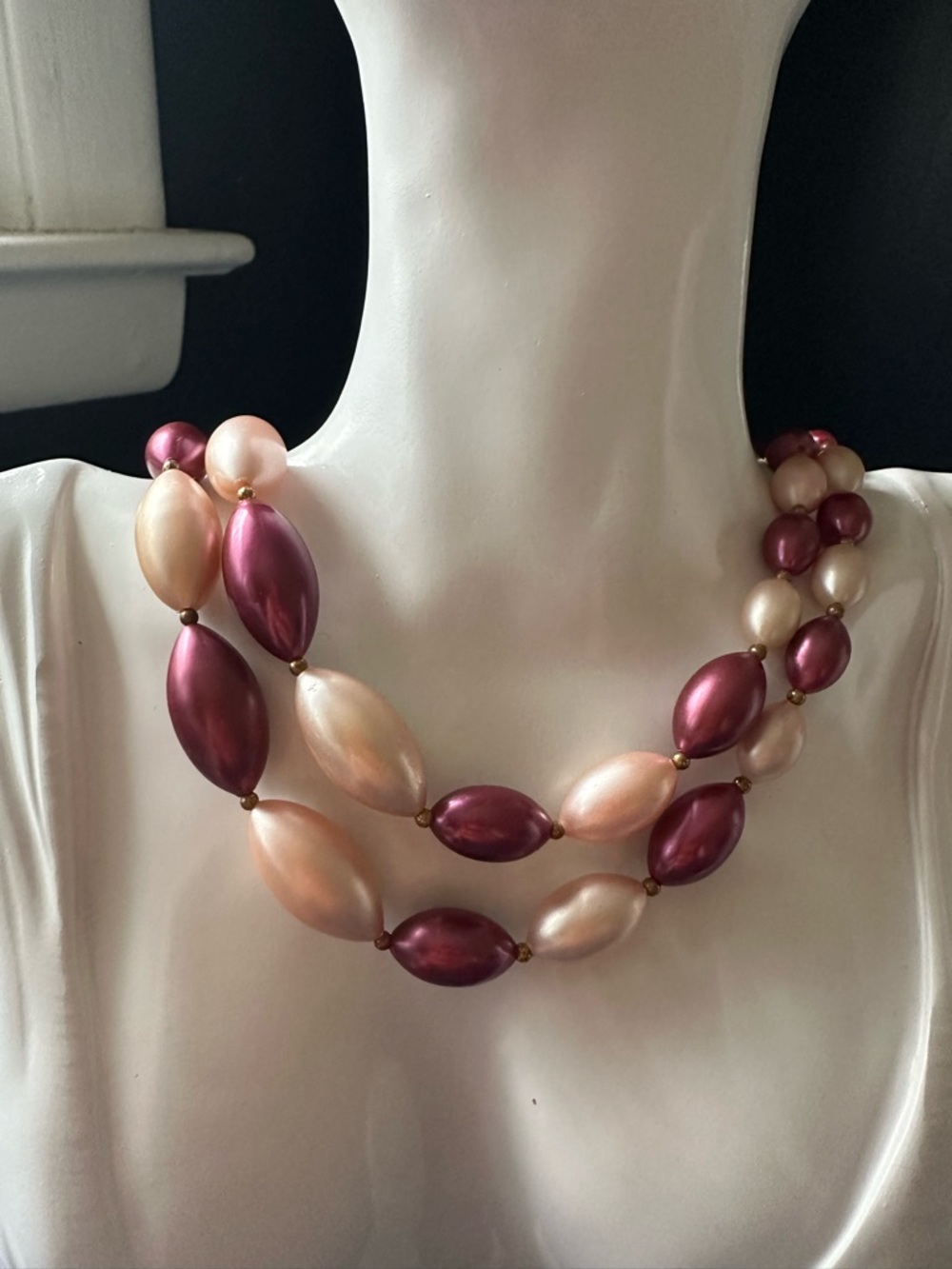 Pearl Drop Pendant Two-Strand Pearl Bead Cocker Necklace in Pink & Pearl Tones